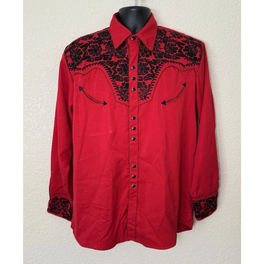 Scully Gunfighter Floral Tooled Pearl Snap Western Shirt Mens Large Red Black